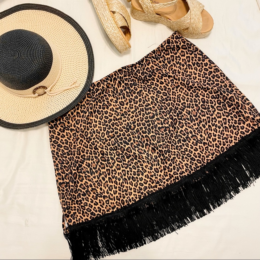 Cheetah Animal Print Tassel Mini Skirt Black Beige